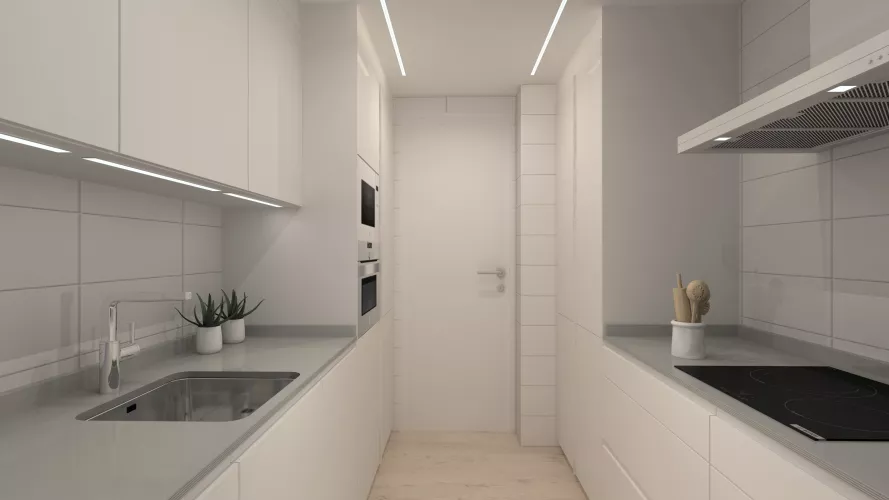 Cocina blanca lineal y minimalista