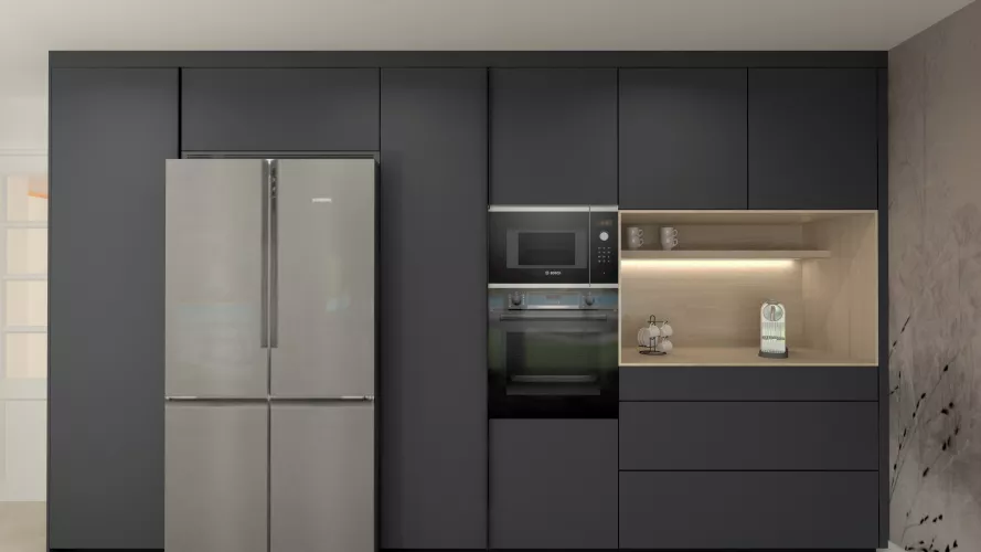 Cocina contemporánea con isla central y acabados oscuros