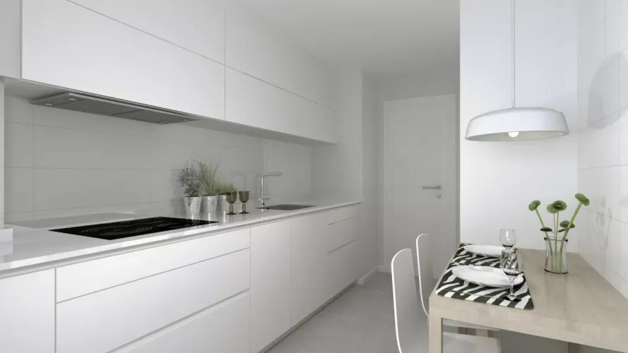 Cocina Santos Line E en paralelo, acabado Blanco Innsbruck – diseño limpio y luminoso