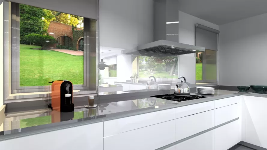 Aravaca | Cocina Santos | Modelo Line y  Minos Estratificado Blanco Seff | Encimera Silestone Marengo