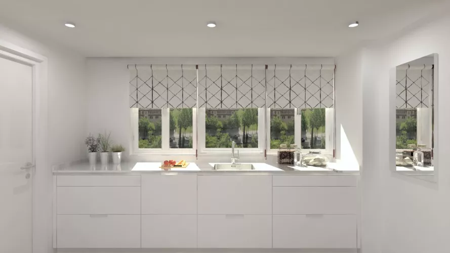 Aravaca | Cocina Santos | Modelo Minos Estratificado Olmo Claro y Blanco | Encimera Compac Blanco 