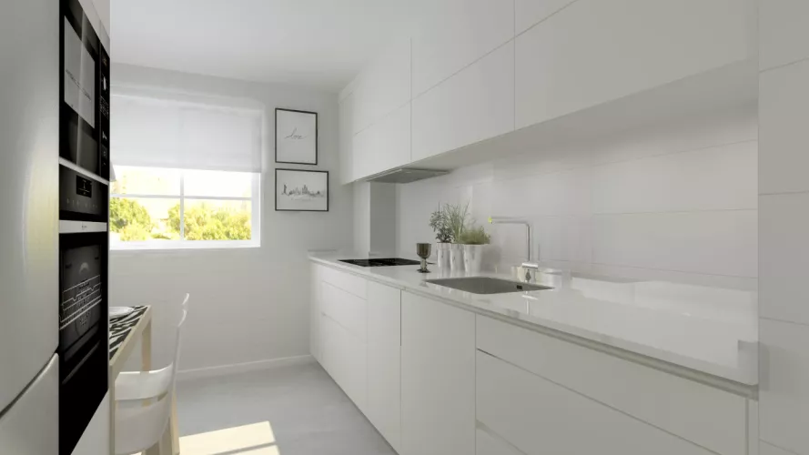Cocina Santos Line E en paralelo, acabado Blanco Innsbruck – diseño limpio y luminoso