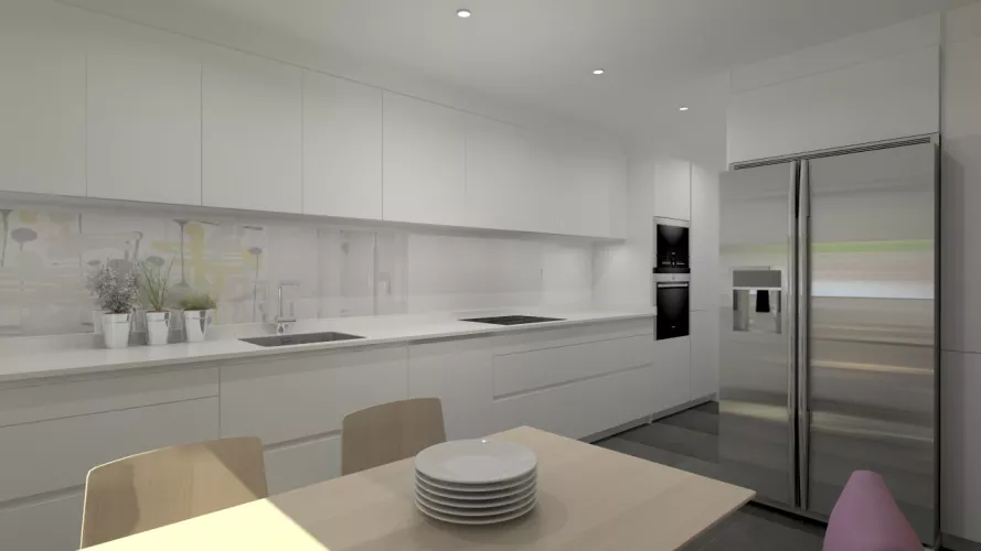 Aravaca | Cocina Santos | Modelo Line Estratificado Blanco | Encimera Compac Luna 