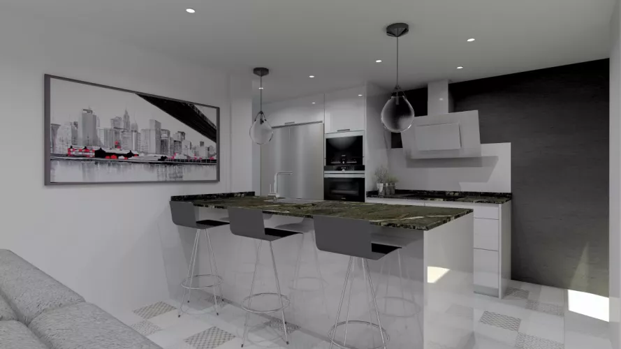 Aravaca | Cocina Santos | Modelo Minos Line Laminado Blanco Brillo | Encimera Granito Titanium