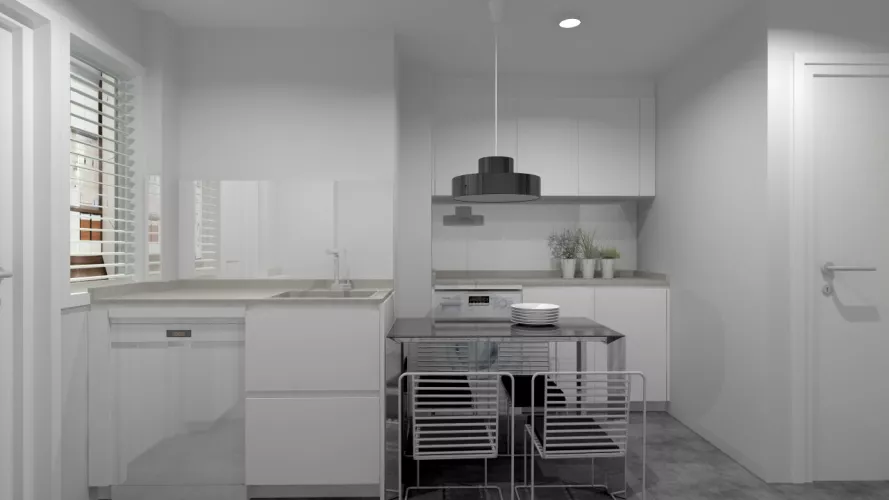 Aravaca | Cocina Santos | Modelo Line Estratificado Blanco Seff | Encimera Techlam Hydra Plomo