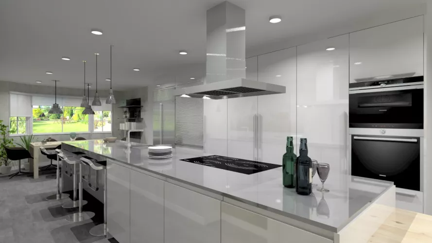 Aravaca | Cocina Santos | Modelo Line Lamanado Blanco Polar Brillo | Encimera Silestone Grey Amazon