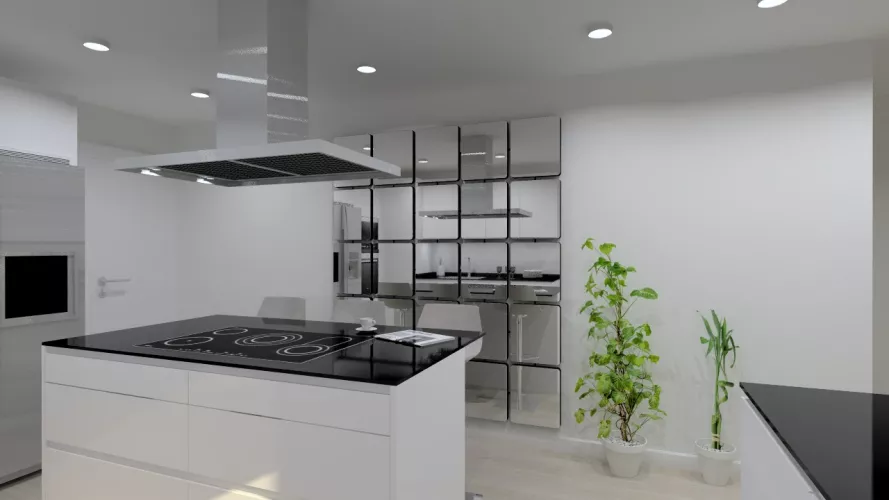 Cocina Santos | Modelo Line Laminado Seda Blanco | Encimera Granito Negro