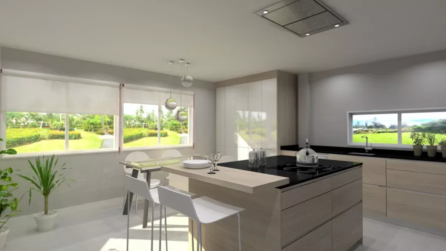 Cocina Santos | Modelo Line E13 Estratificado Brillo Laminado | Puertas Blanco Nata Brillo y Olmo Claro Horizontal para Muebles Bajos | Encimera Granito Sahara Night