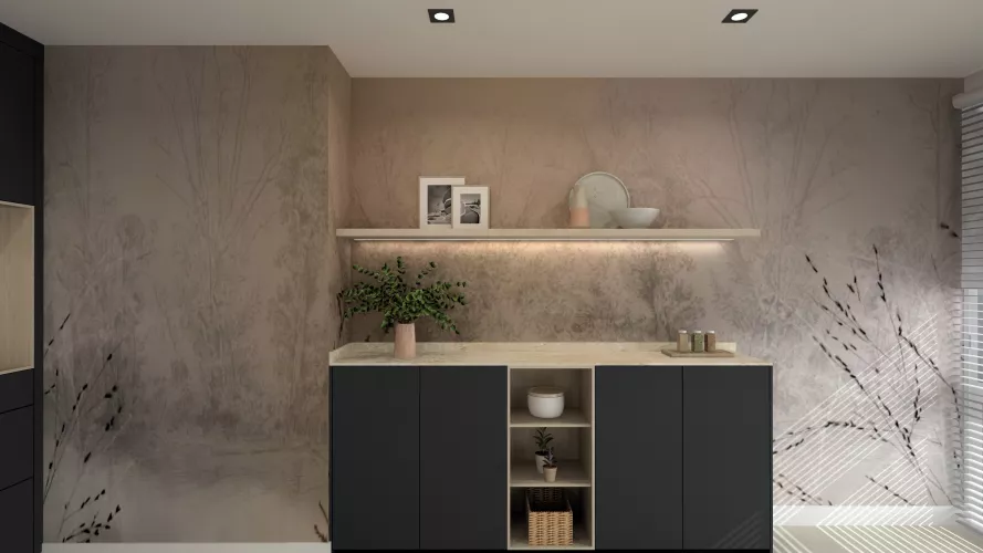 Cocina contemporánea con isla central y acabados oscuros