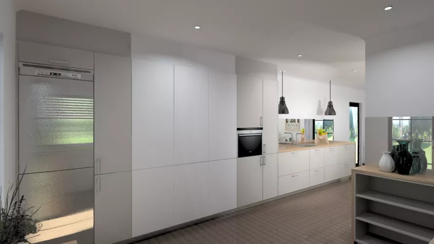 Proyecto de Cocinas Santos en Aravaca con Encimera Haya Natural y Modelo Seda Laminado Gris Arena