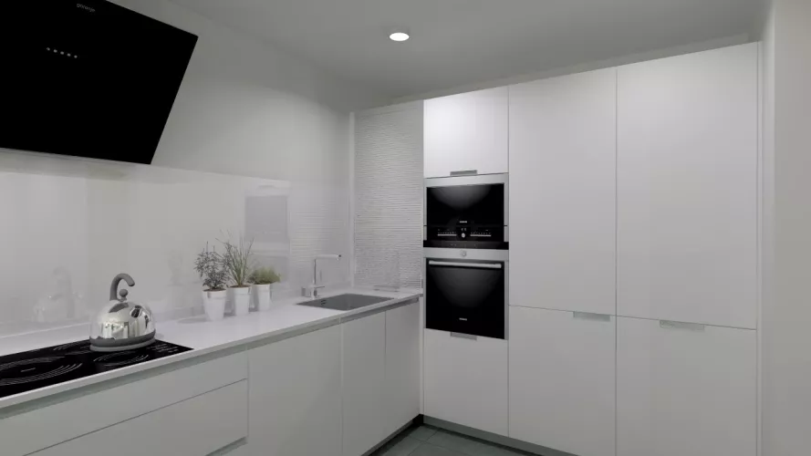 Cocina Santos | Modelo Line L 053 Minos Laminado Blanco Nieve | Encimera Silestone Blanco Zeus y Trasera Cristal Extra Claro