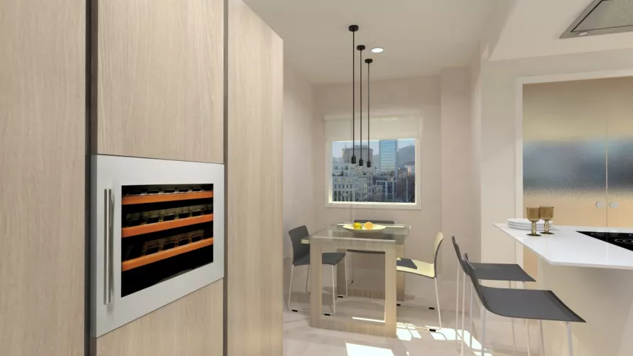 Cocina Santos | Modelo Line E 13 Estratificado y Laminado Blanco Innsbruck Olmo Claro y Gris | Encimera Neolith Color Artci White