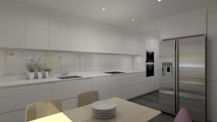 Aravaca | Cocina Santos | Modelo Line Estratificado Blanco | Encimera Compac Luna 