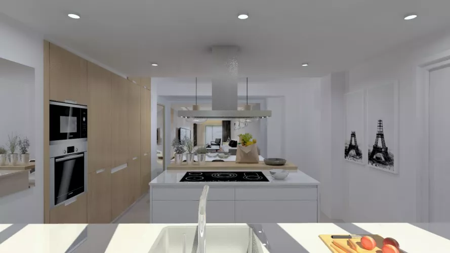 Aravaca | Cocina Santos | Modelo Minos Estratificado Olmo Claro y Blanco | Encimera Compac Blanco 