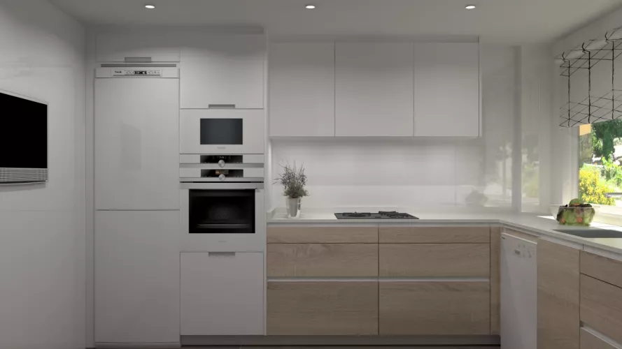 Aravaca | Cocina Santos | Modelo Line Estratificado Roble y Blanco | Encimera Compac Luna