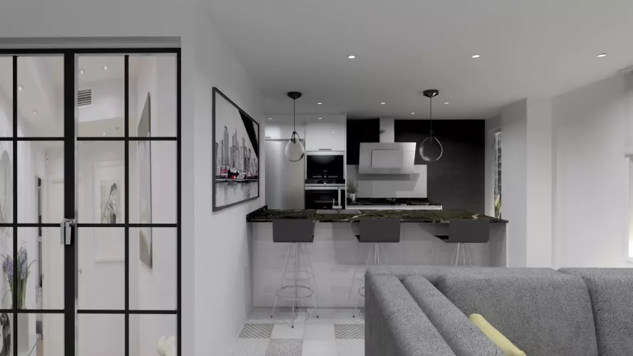 Aravaca | Cocina Santos | Modelo Minos Line Laminado Blanco Brillo | Encimera Granito Titanium