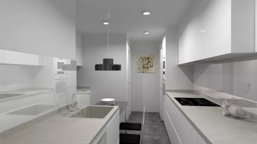 Aravaca | Cocina Santos | Modelo Line Estratificado Blanco Seff | Encimera Techlam Hydra Plomo