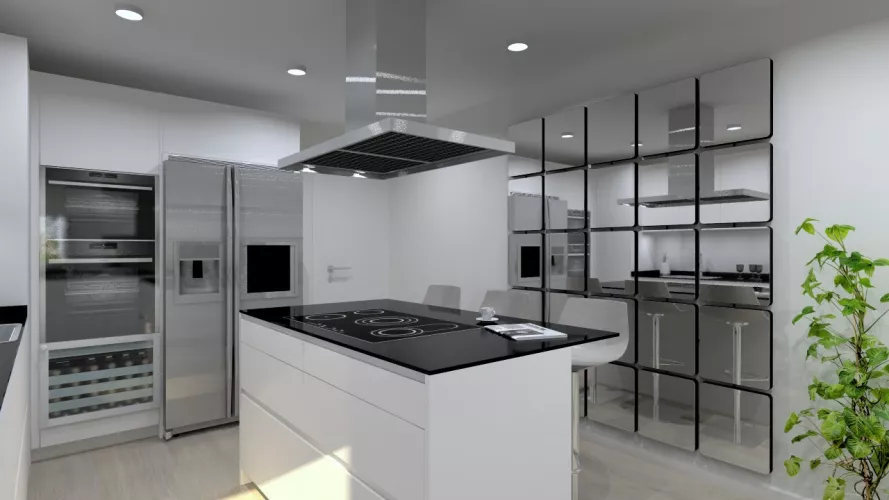 Cocina Santos | Modelo Line Laminado Seda Blanco | Encimera Granito Negro