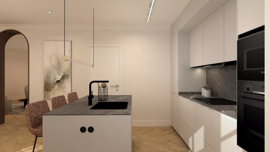 Cocina elegante en tonos neutros y con un diseño abierto