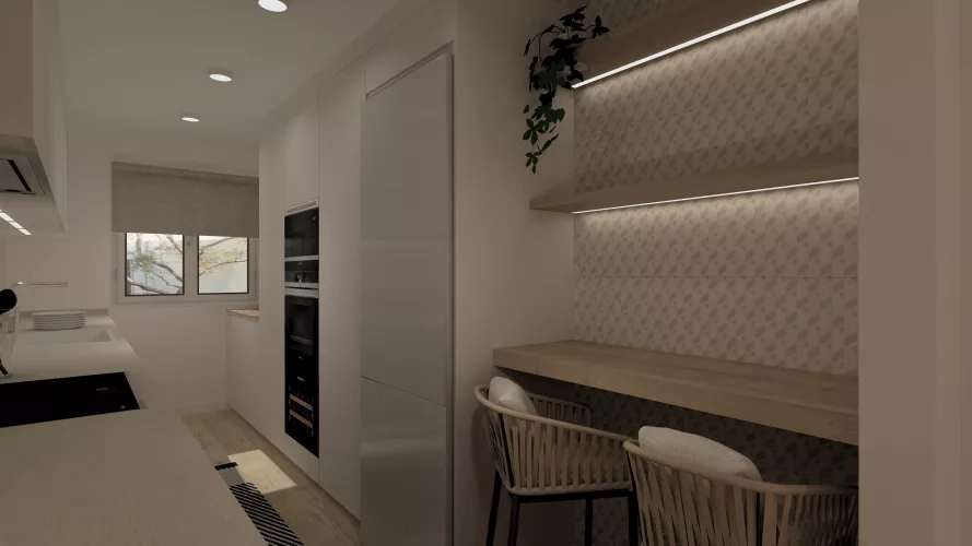 Cocinas Santos en color Blanco Sapporo seda con material estratificado, modelo Fine, plataforma D.