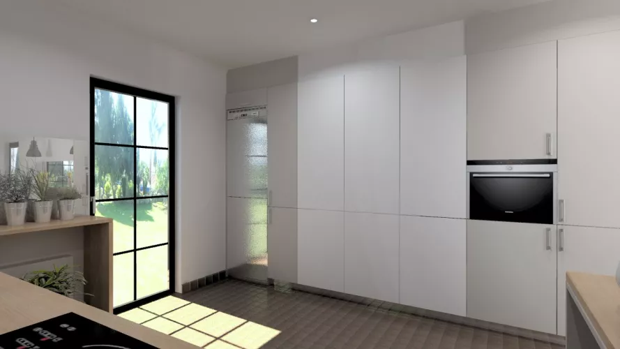 Aravaca | Cocina Santos | Modelo Seda Laminado Gris Arena | Encimera Haya Natural