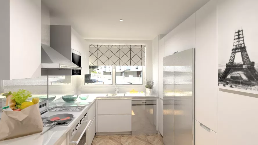Aravaca | Cocina Santos | Modelo Line Laminado Seda Blanco | Encimera Compac Blanco