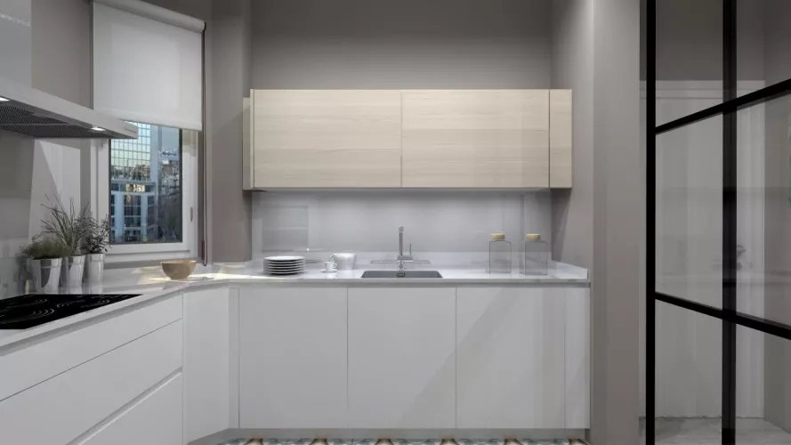 Aravaca | Cocina Santos | Modelo Line Estratificado Blanco y Fresno | Encimera Silestone Blanco