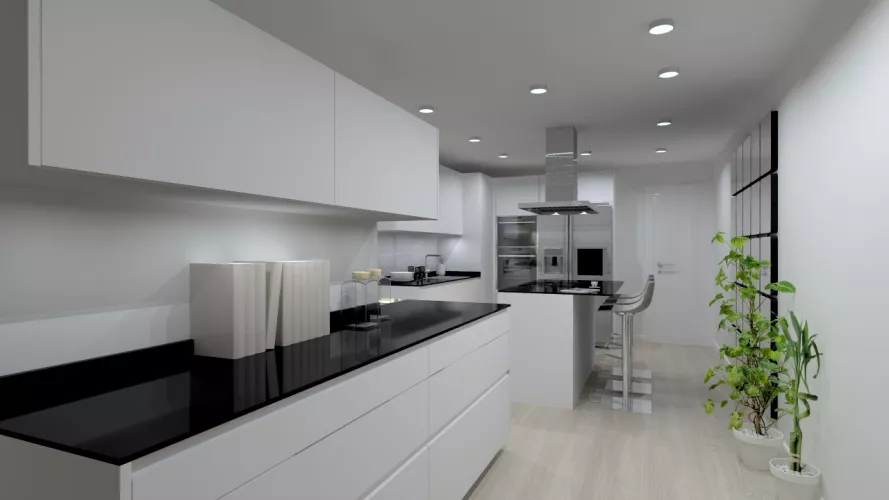 Cocina Santos | Modelo Line Laminado Seda Blanco | Encimera Granito Negro