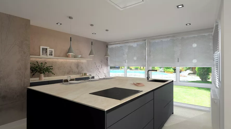 Cocina contemporánea con isla central y acabados oscuros