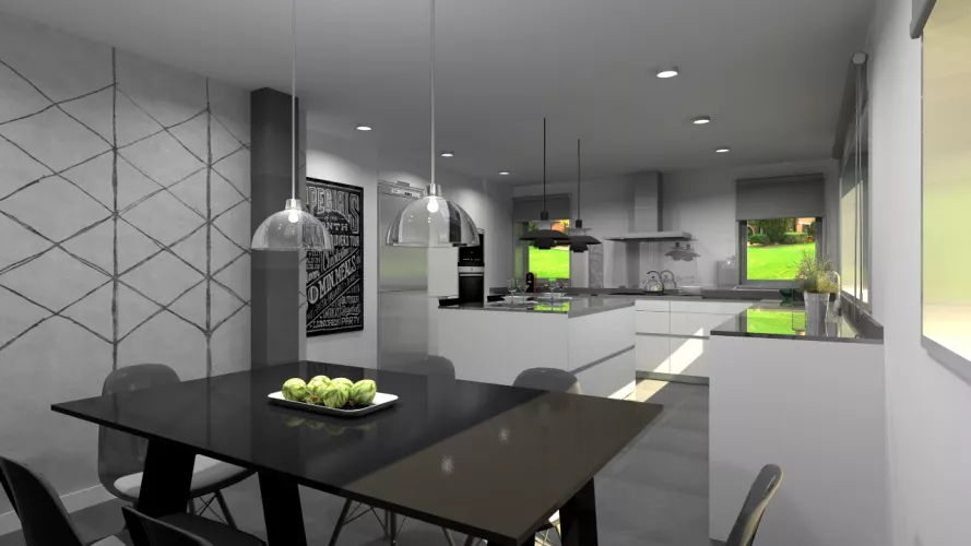 Aravaca | Cocina Santos | Modelo Line y  Minos Estratificado Blanco Seff | Encimera Silestone Marengo