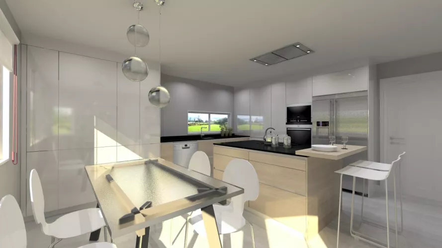 Cocina Santos | Modelo Line E13 Estratificado Brillo Laminado | Puertas Blanco Nata Brillo y Olmo Claro Horizontal para Muebles Bajos | Encimera Granito Sahara Night