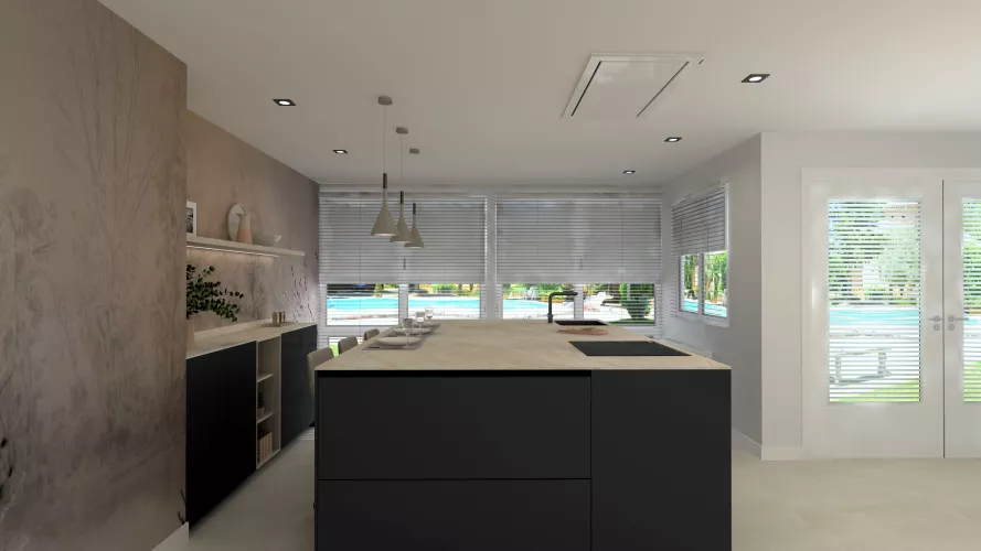 Cocina contemporánea con isla central y acabados oscuros