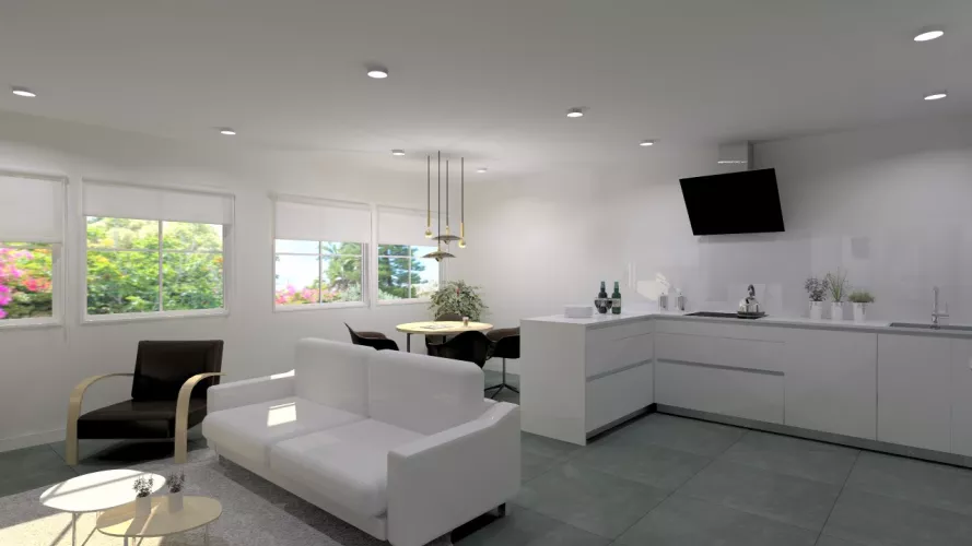 Cocina Santos | Modelo Line L 053 Minos Laminado Blanco Nieve | Encimera Silestone Blanco Zeus y Trasera Cristal Extra Claro