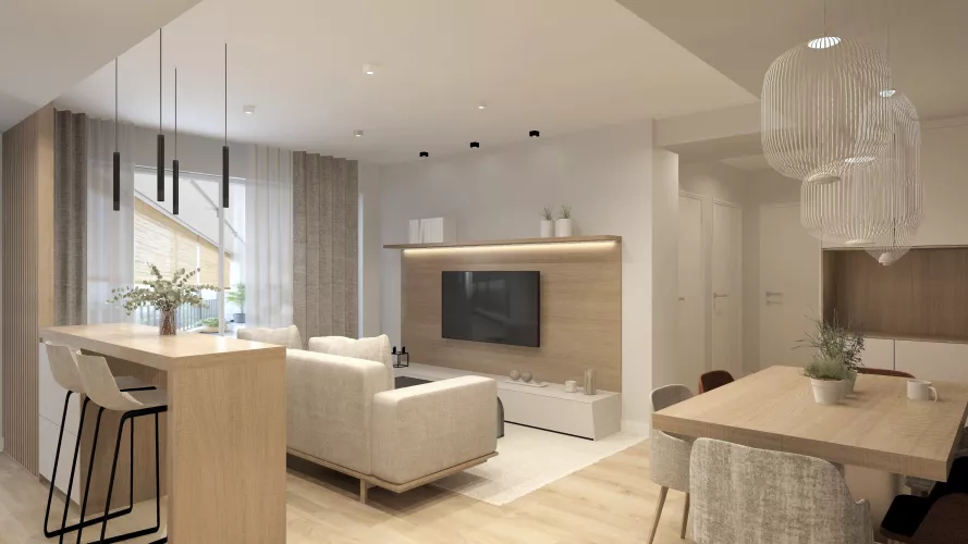 Cocina abierta con isla y salón-comedor integrado