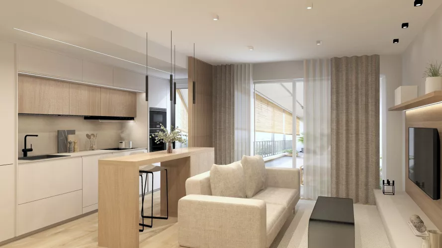 Cocina abierta con isla y salón-comedor integrado