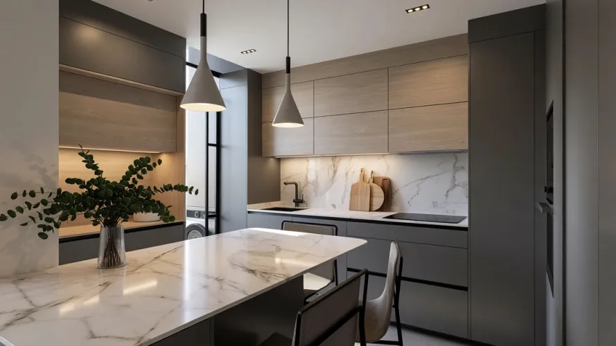 Cocina contemporánea en tonos neutros y madera con isla multifuncional