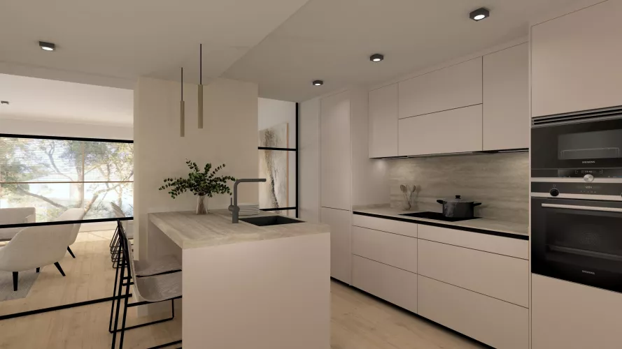 Cocina contemporánea con isla funcional y estética serena