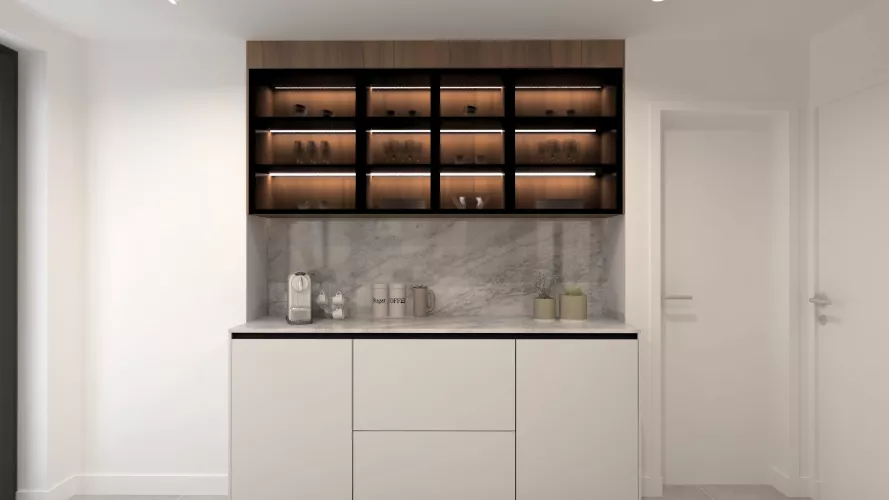 Cocina contemporánea con isla y equilibrio de materiales