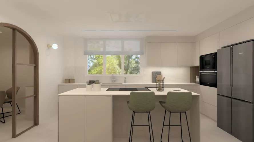 Cocina contemporánea con isla central y estética cálida y depurada