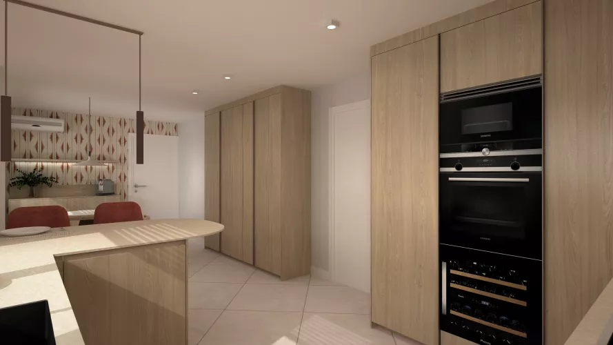 Cocina en madera natural con comedor integrado