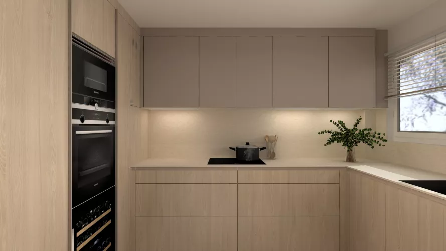 Cocina en madera natural con comedor integrado