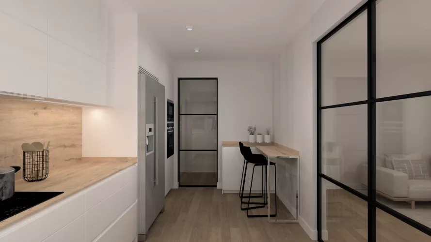 Cocina luminosa con barra integrada y cerramientos de hierro negro