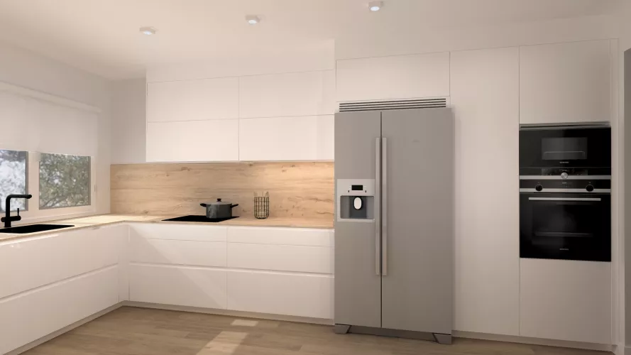 Cocina luminosa con barra integrada y cerramientos de hierro negro