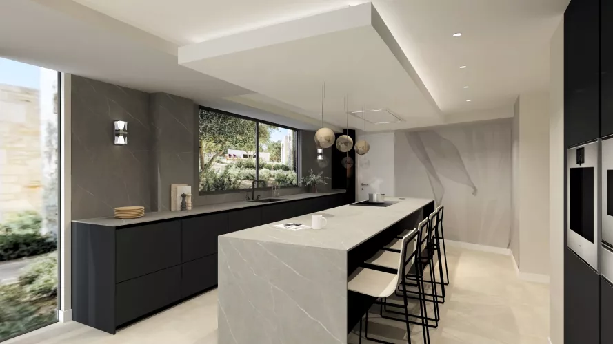 Cocina minimalista en negro y piedra: elegancia arquitectónica con vistas al exterior