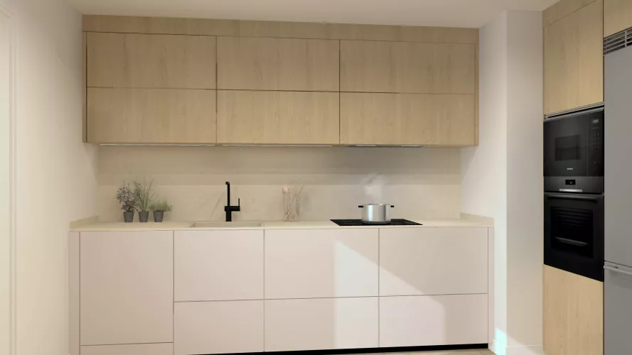 Cocina moderna con acabados en madera y detalles minimalistas en Madrid