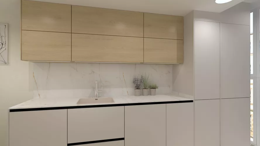 Cocina moderna en línea paralela con madera natural y mármol veteado