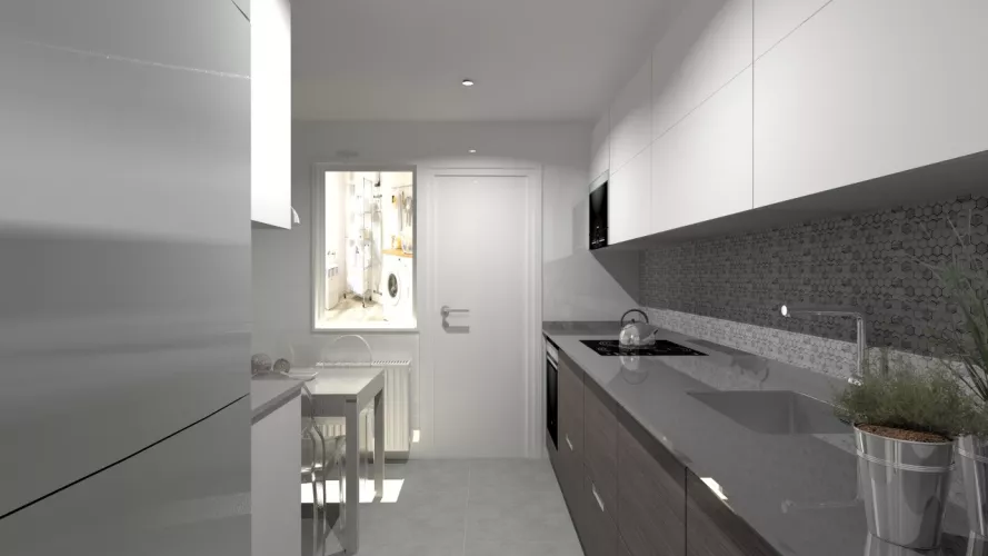 Aravaca | Cocina Santos | Modelo Line Roble Grisaceo y Blanco | Encimera Silestone Kensho