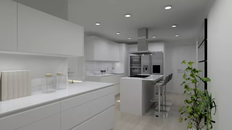 Cocina Santos | Modelo Line Laminado Seda Blanco | Encimera Granito Negro