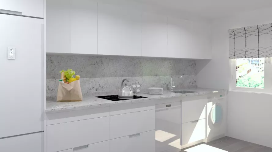 Aravaca | Cocina Santos | Modelo Minos Estratificado Blanco | Encimera Granito Naturamia Alaska