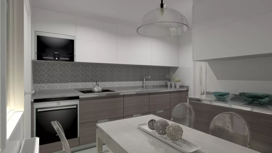 Aravaca | Cocina Santos | Modelo Line Roble Grisaceo y Blanco | Encimera Silestone Kensho